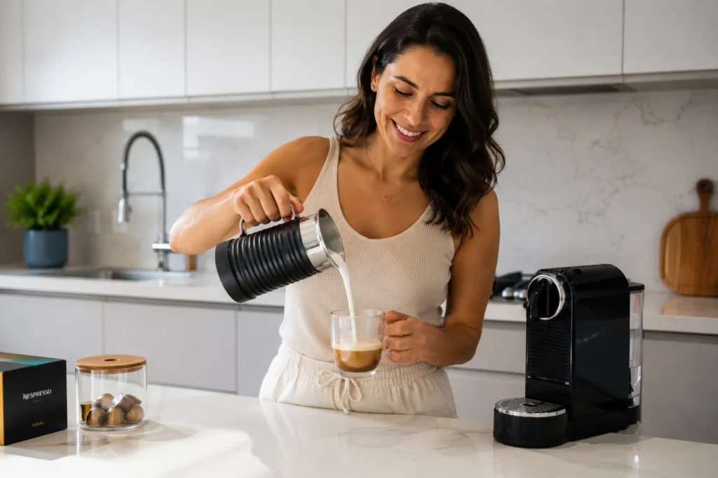 Uma mulher sorrindo na cozinha enquanto despeja leite aerado fresco de um Aeroccino em sua xícara de café expresso.