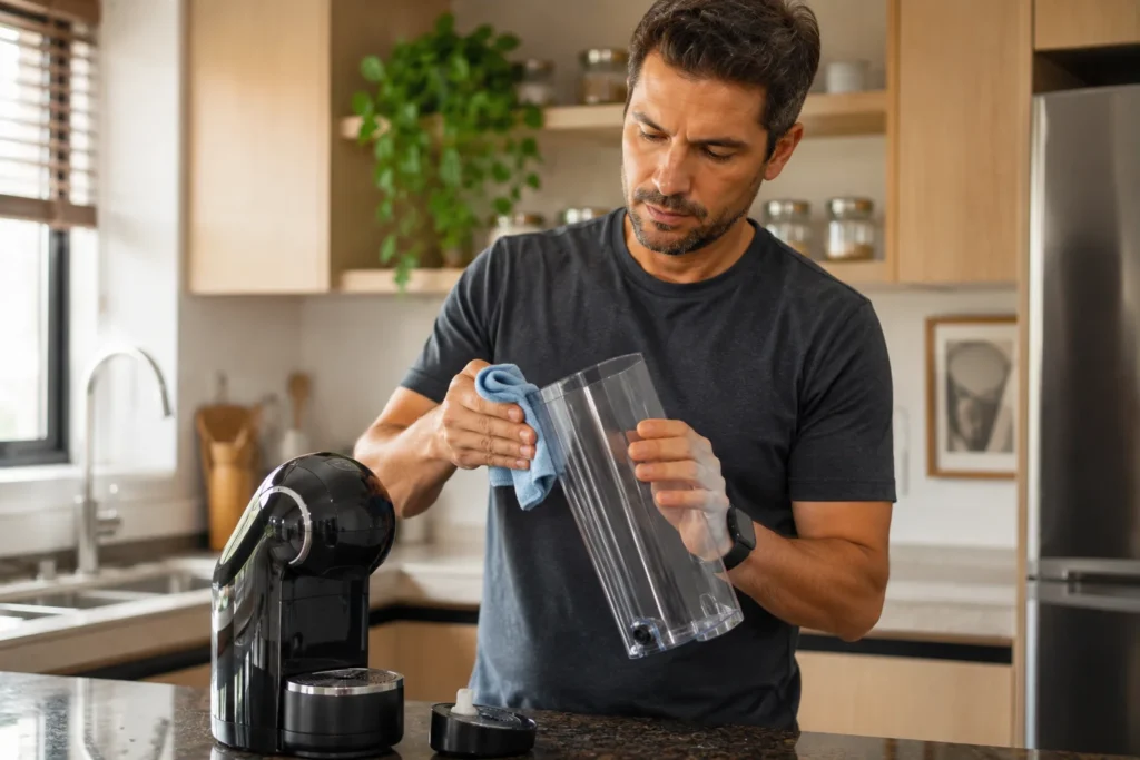 Um homem na cozinha limpando o reservatório de água de sua cafeteira com um pano de microfibra macio.