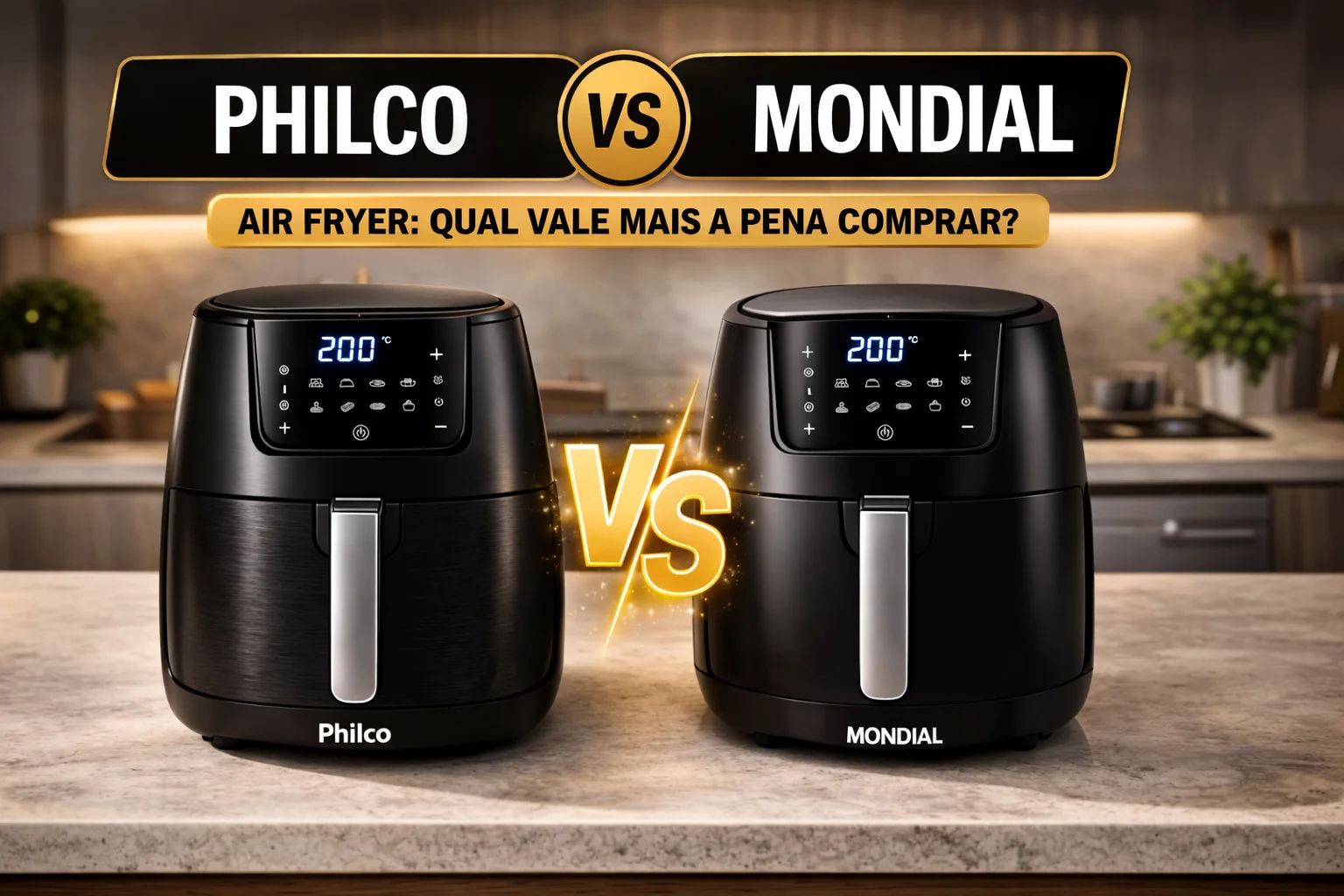 Comparação entre air fryer Philco e Mondial lado a lado na cozinha